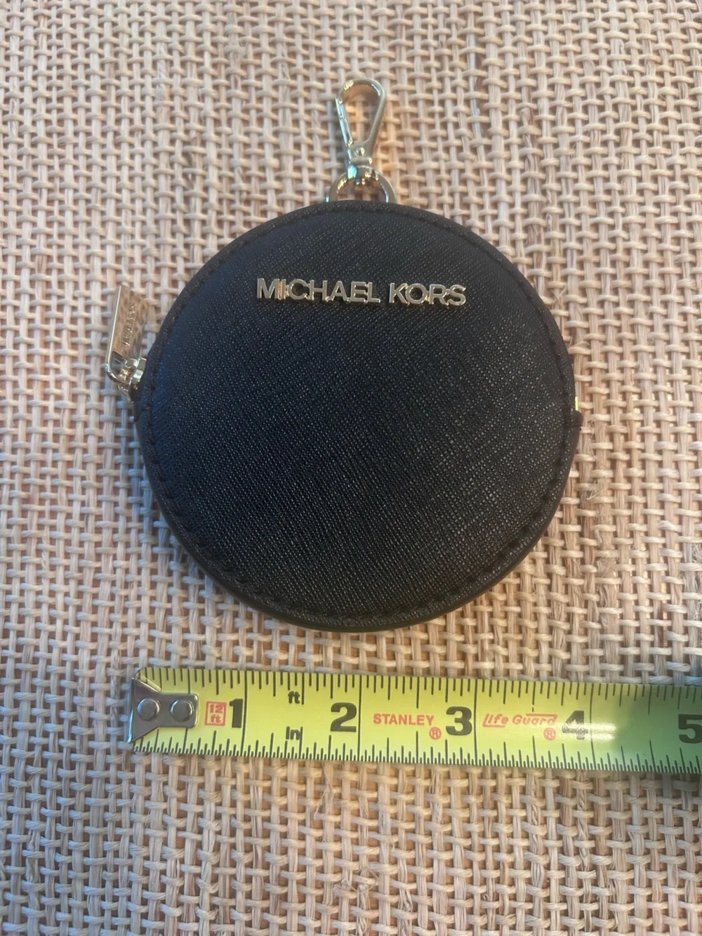 Michael Kors Saffiano Leather Round Coin Pouch w/Polished Gold Tone Hardware.